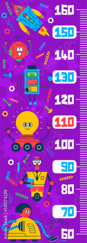 Kids height chart ruler, cartoon robot and droid characters growth measure scale. Children stadiometer vector sticker with robotic toy personages, space machine, humanoid cyborg, android assistant