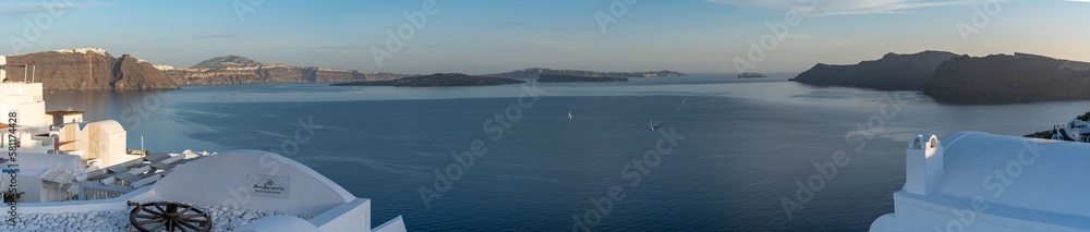 Panoramic shot of Oia village in Santorini, Greece.