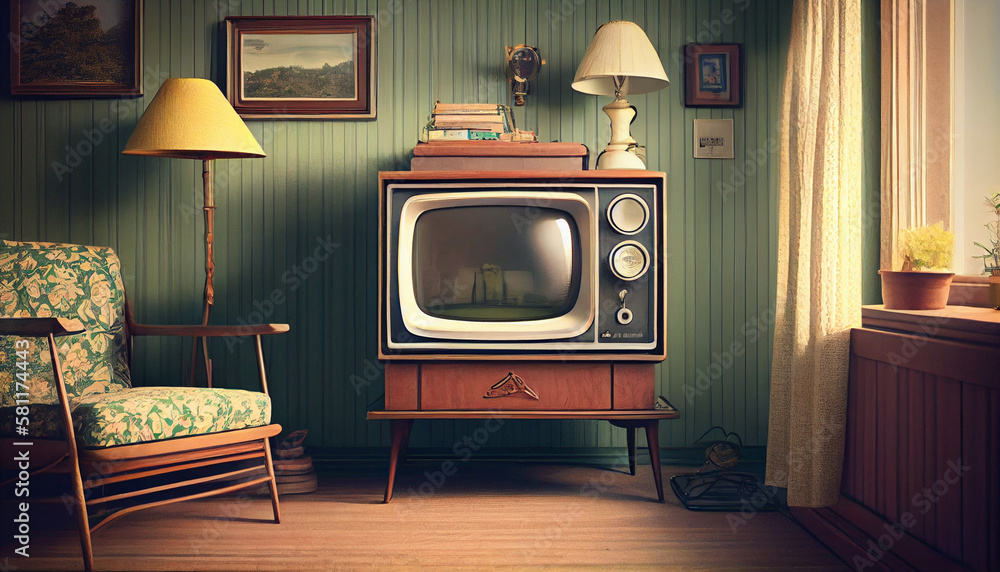 Old fashioned vintage retro design room with retro tv. Abstract illustration. - obrazy, fototapety, plakaty 