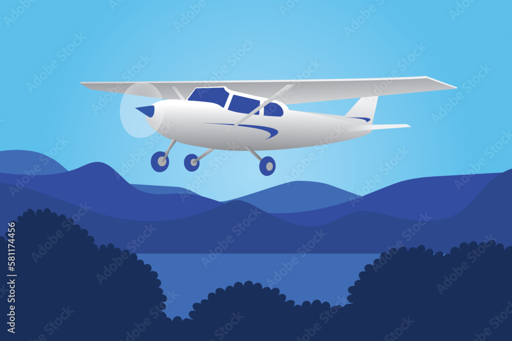 cessna plane flying above clouds cartoon design vector flat illustration