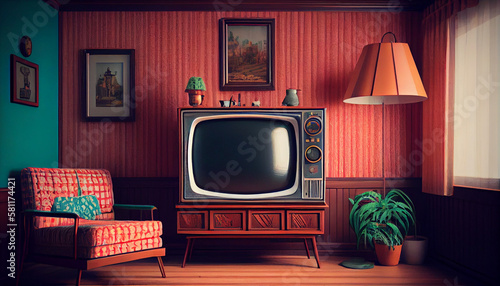 Old fashioned vintage retro design room with retro tv. Abstract illustration.