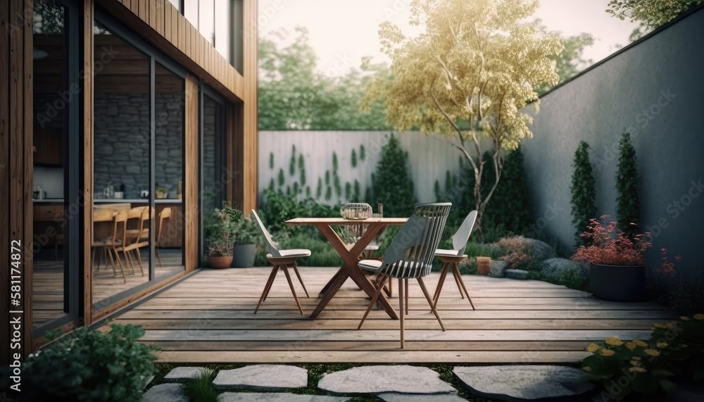 Obraz premium Modern wooden terrace the perfect place for breakfast