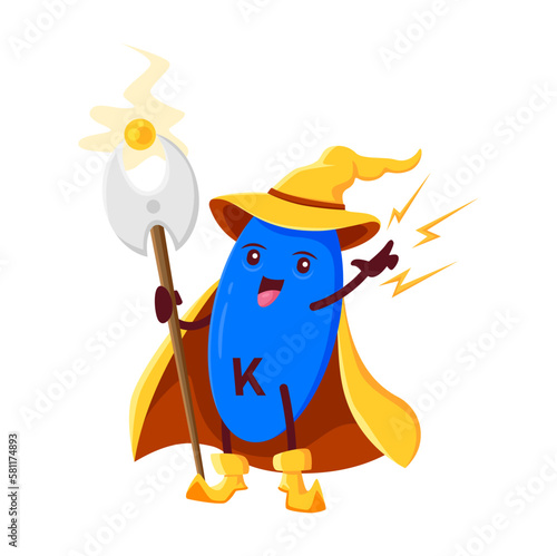 Cartoon phytonadione vitamin micronutrient warlock character. Isolated vector K element warlock food supplement. Nutrient bubble mage with staff and lightning strikes, capsule personage wear witch hat photo