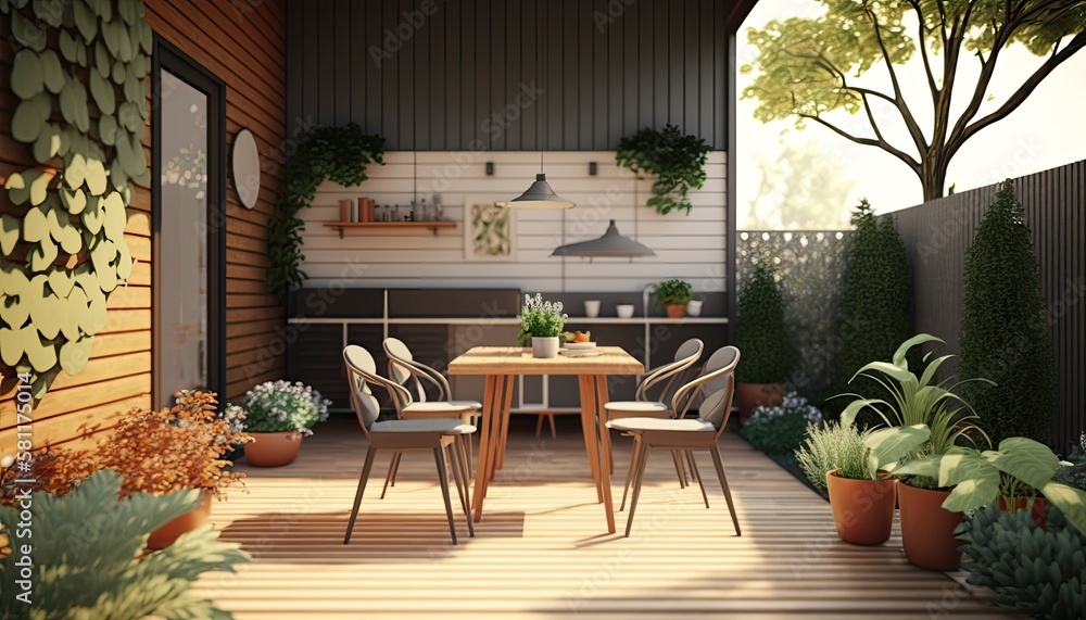 Fototapeta premium Modern wooden terrace the perfect place for breakfast