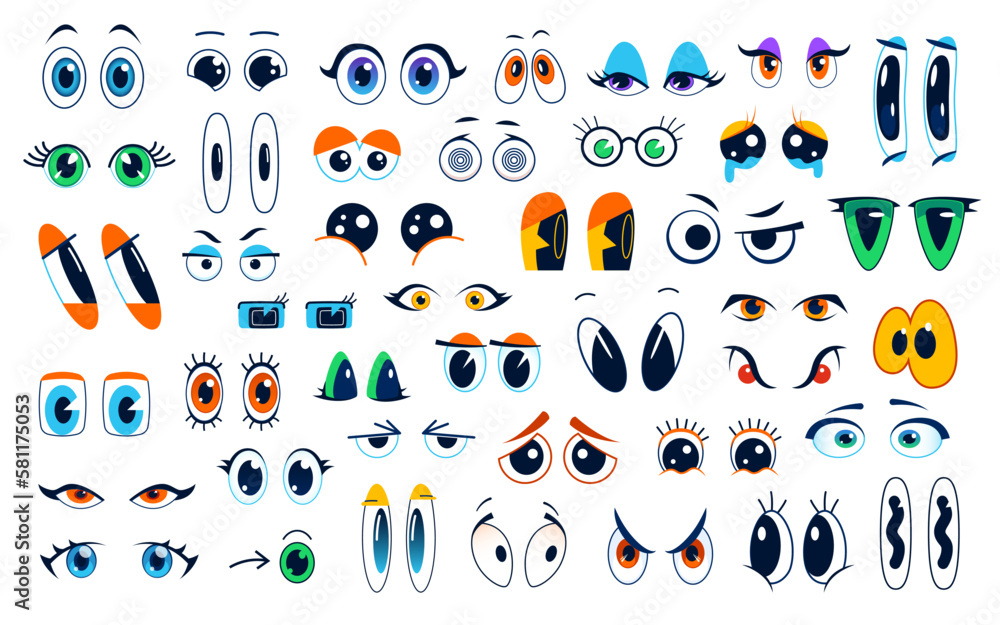 Vetor de Cartoon eyes isolated vector set. Comic style round and square