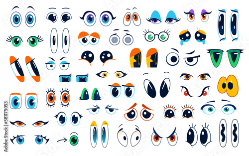 Cartoon eyes isolated vector set. Comic style round and square eyes express angry, kind, surprised, suspect, loving, wow or bored emotions. Funny look collection for characters and personages creation