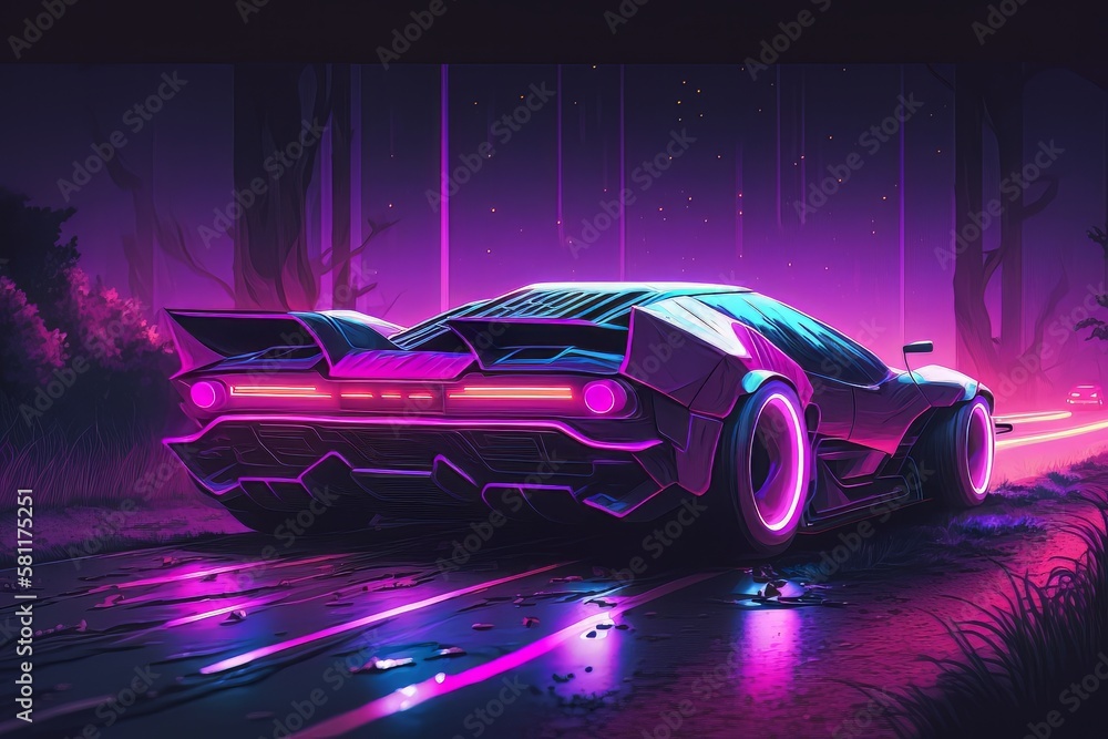 Driving in the night, futuristic synth-wave car in purple neon colours. Generative AI