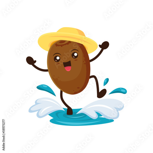 Cartoon kiwi fruit character on summer oceanside trip. Isolated vector fresh fruit at entertaining and fun in ocean water at beach getaway. Nutritious raw food relaxing on ocean during vacation