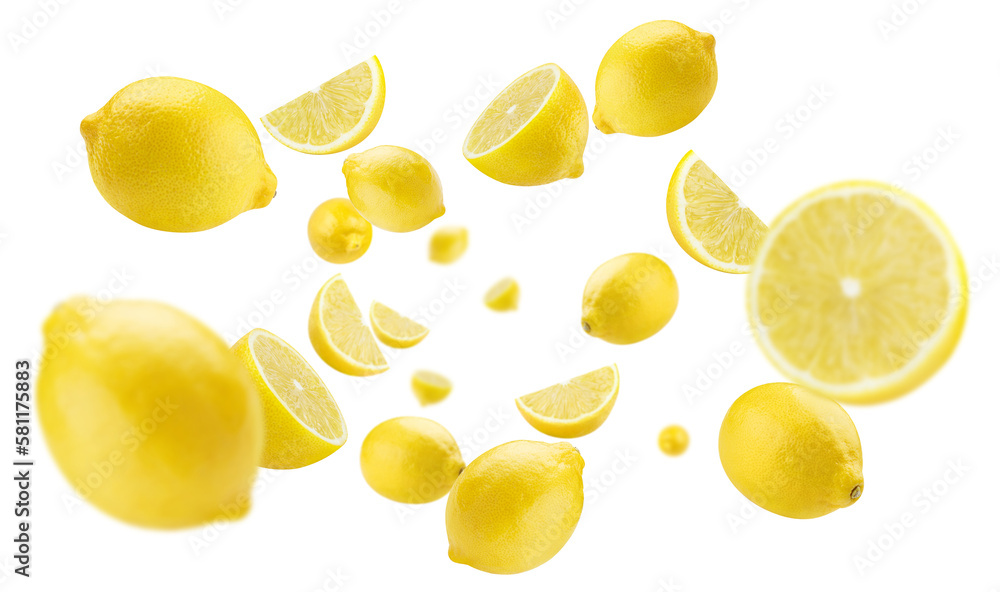 Flying lemon fruits cut out