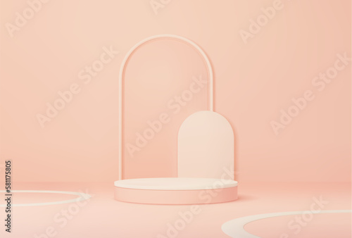 Peach podium with arch. Studio showroom mockup space, cosmetics product presentation round stand or exhibition gallery empty platform realistic vector pink background. Showcase with round podium
