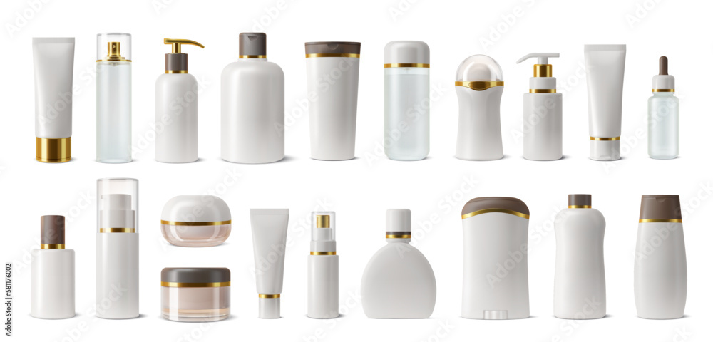 Cosmetics package mockup. Shampoo, skincare lotion or face cream jars, essential oil or perfume bottles with brown and golden lids. Cosmetics and beauty makeup products realistic vector mockups set - obrazy, fototapety, plakaty 
