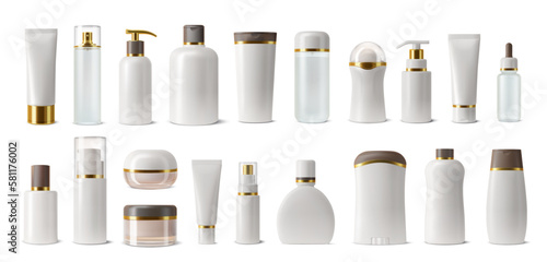 Cosmetics package mockup. Shampoo, skincare lotion or face cream jars, essential oil or perfume bottles with brown and golden lids. Cosmetics and beauty makeup products realistic vector mockups set