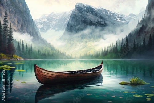 Canoe floating on the lake, green mountains background. Generative AI