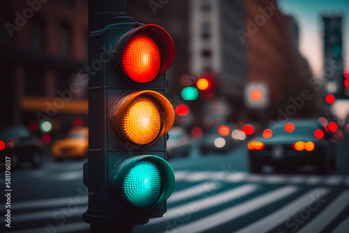 Close-up of a traffic light on street. Generative AI