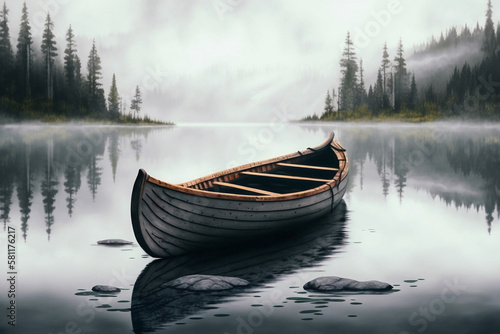 Canoe on calm lake in the morning. Generative AI