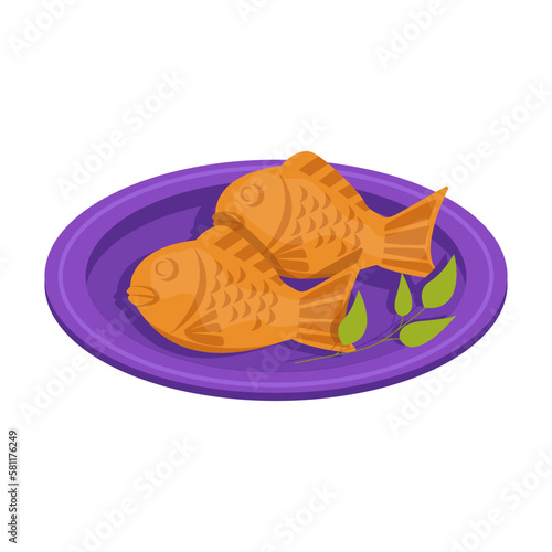 Taiyaki. Punoppan. Pies with red sweet beans in the form of fish. Vector graphic.