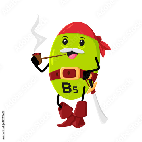 Cartoon B5 vitamin, Pantothenic Acid micronutrient pirate or corsair character smoking pipe. Medical pill in filibuster sailor attire. Isolated vector old picaroon capsule in playful buccaneer costume