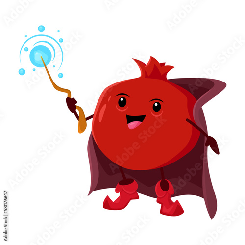 Cartoon pomegranate fruit wizard or magician character. Vector garnet necromancer fairy tale personage with glowing magic wand. Funny smiling wiz wear cape, cute sorcerer garden fruit, vitamin food
