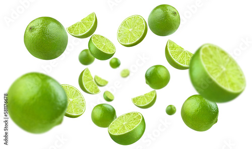 Flying lime fruits cut out