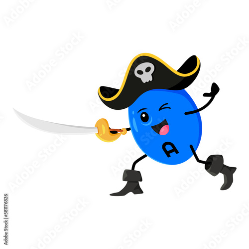 Cartoon vitamin A, retinol micronutrient pirate or corsair character capsule dressed in rover costume. Isolated vector personage fighting on saber during adventure. Playful and funny food supplement