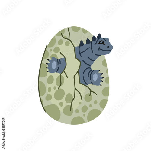 Walkeri extinct dino in egg shell, funny t-rex baby. Vector prehistoric lizard animal cute personage. Dinosaur in cracked egg-shell isolated cartoon animal photo