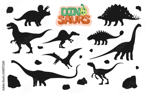 Cartoon dinosaur characters silhouettes. Vector prehistoric animals, monster lizard or dragons with dino egg and volcanic stones. Triceratops, pteranodon, stegosaurus and tyrannosaurus personages