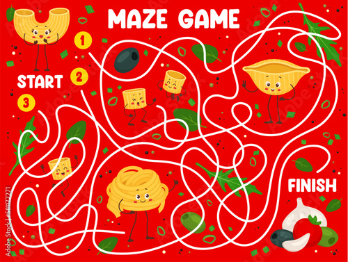 Labyrinth maze, cartoon italian pasta characters pathfinding game quiz. Kids puzzle riddle vector worksheet, help macaroni personages find right way to condiments, cute fettuccine and conchiglie