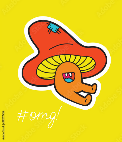 Hand drawn trippy mushroom sticker or poster, isolated vector illustration with a fantasy character