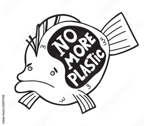 Hand drawn unhappy flounder fish with message - no more plastic. Conceptual vector illustration about water pollution problem