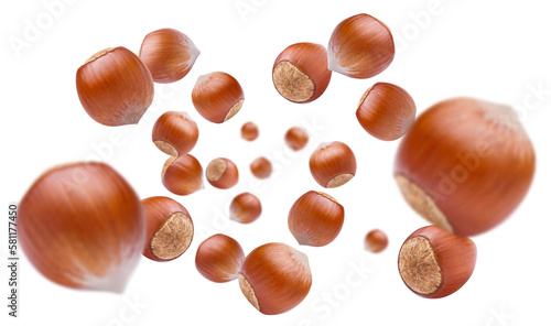 Flying hazelnuts cut out photo