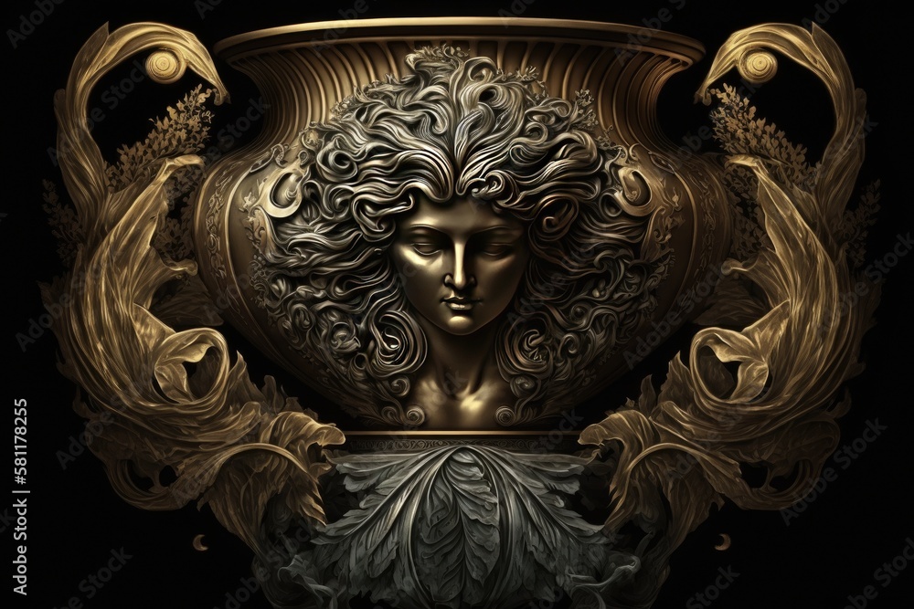 Eurus Greek Mythology God Black Gold Vase by Generative AI Stock Eurus Greek Mythology God Black Gold Vase by Generative AI Stock