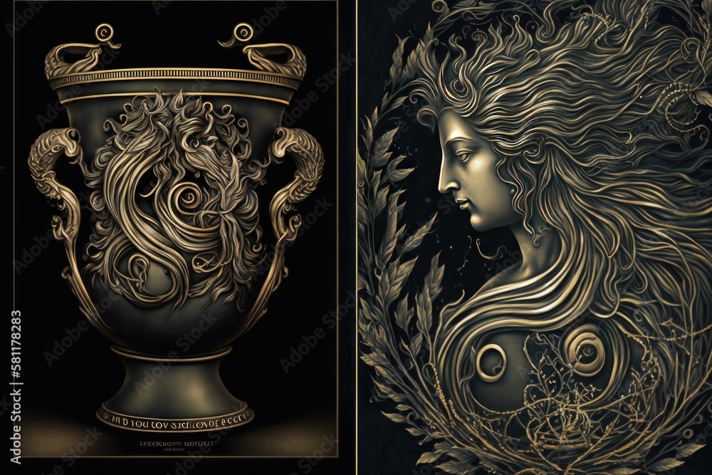 Eurus Greek Mythology God Black Gold Vase by Generative AI Stock Eurus Greek Mythology God Black Gold Vase by Generative AI Stock