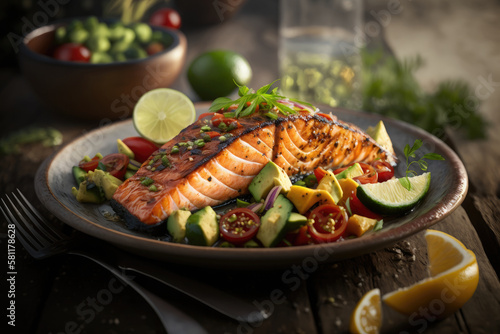 Grilled salmon fillet and fresh green vegetable Illustration AI Generative.