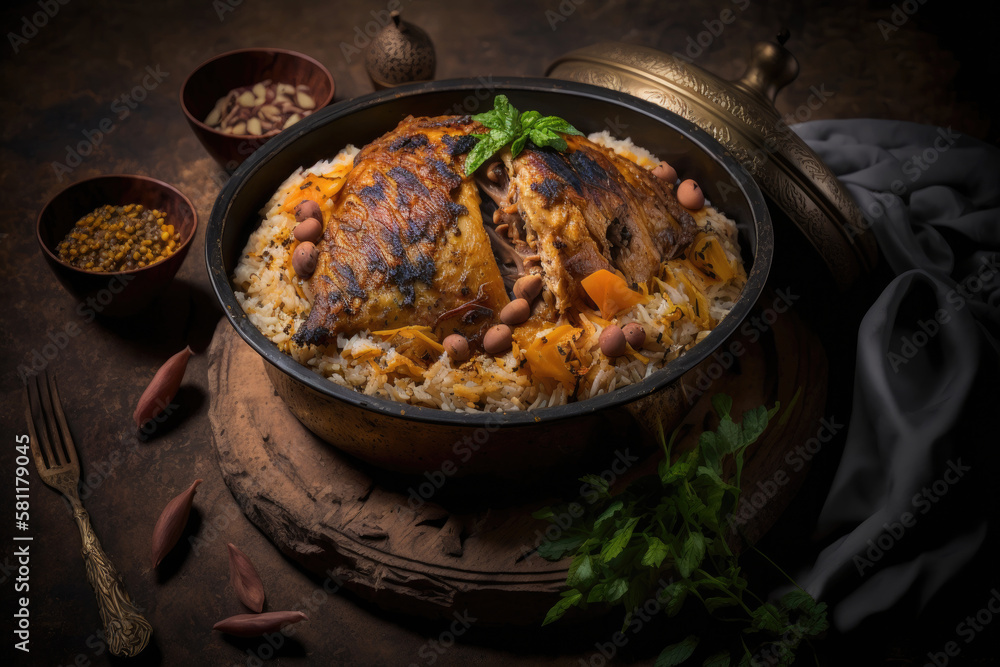 Saudi Arabian dish chicken kabsa with rice mandi Illustration AI Generative.