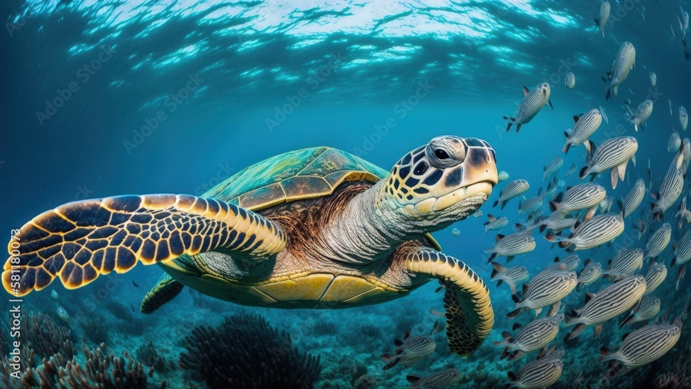 Fototapeta premium Underwater wild turtle swimming in the ocean against the background of a flock of fish