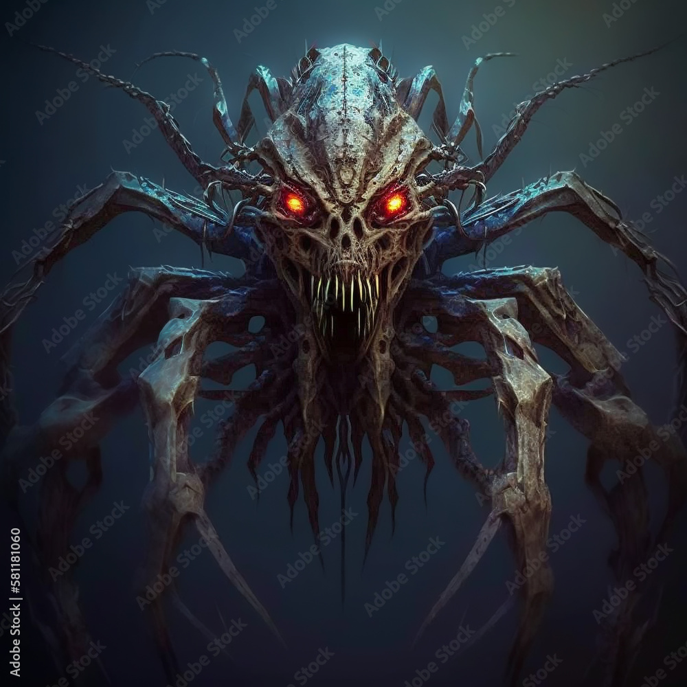 Fototapeta premium Riesen Horrorspinne - mit generativer KI erstellt und mit Photoshop finalisiert