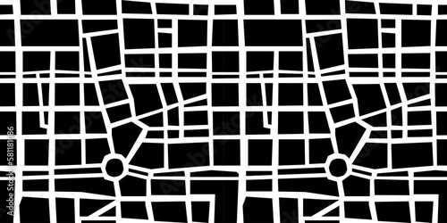 Abstract geometric city map illustration seamless pattern. Black and white town gps, urban cartography background print. Geography plan, navigation texture wallpaper.