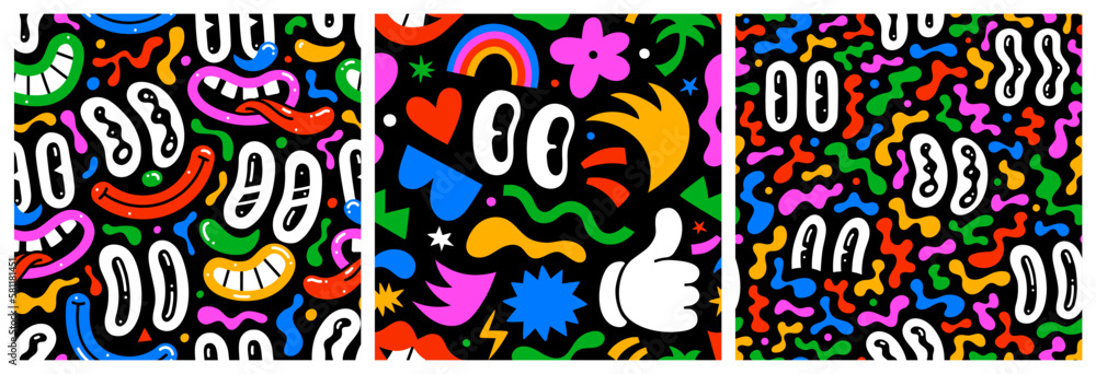 Colorful retro cartoon faces seamless pattern illustration set. Funny character art background collection with happy expression reaction. Vintage drawing doodle wallpaper print texture. Colorful retro cartoon faces seamless pattern illustration set. Funny character art background collection with happy expression reaction. Vintage drawing doodle wallpaper print texture.