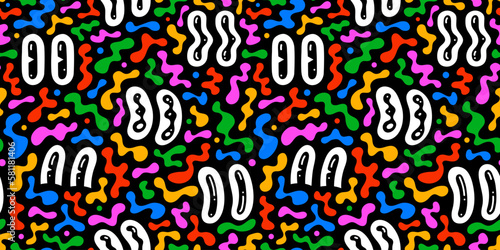 Colorful retro cartoon eye seamless pattern illustration. Funny character art background with bright color shapes. Vintage drawing doodle wallpaper print texture.