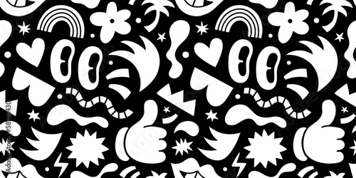 Black and white retro cartoon doodle seamless pattern illustration. Funny character art background with monochrome color shapes. Vintage drawing wallpaper print texture.
