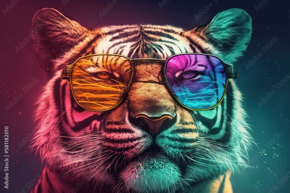 a tiger wearing sunglasses and a t - shirt with the image of a tiger in the  background. generative ai Stock-illustrasjon | Adobe Stock