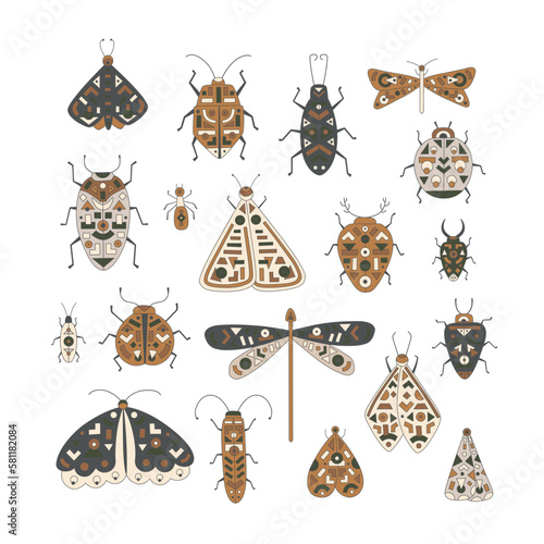 Cute folk insects set illustrations. Vector Moth, butterfly, bug, ant, gragonfly, cockroach with geometric ornament