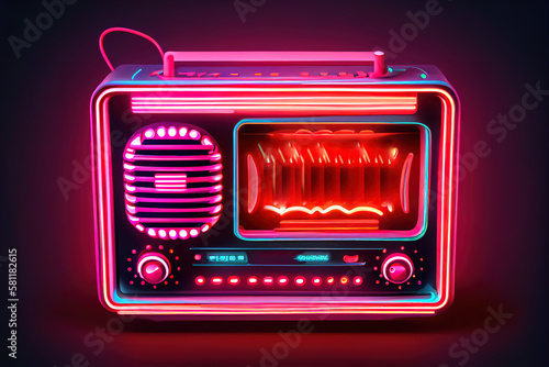 Radio set neon icon. Receiver with antenna. Generative Ai