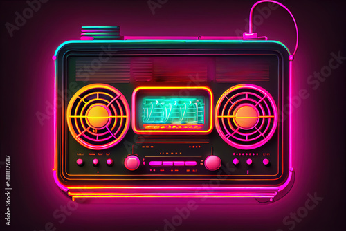 Radio set neon icon. Receiver with antenna. Generative Ai