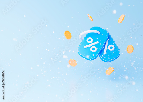 3d blue coupons with balls and blur effect on light background. For promotion, marketing and advertising in social networks. 3d rendering..