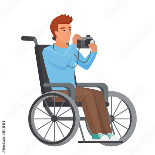 Disabled man taking photos. Man in wheelchair using camera vector cartoon illustration