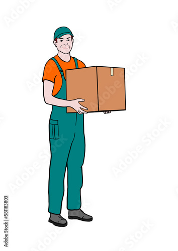 Delivery man with parcel. Vector.