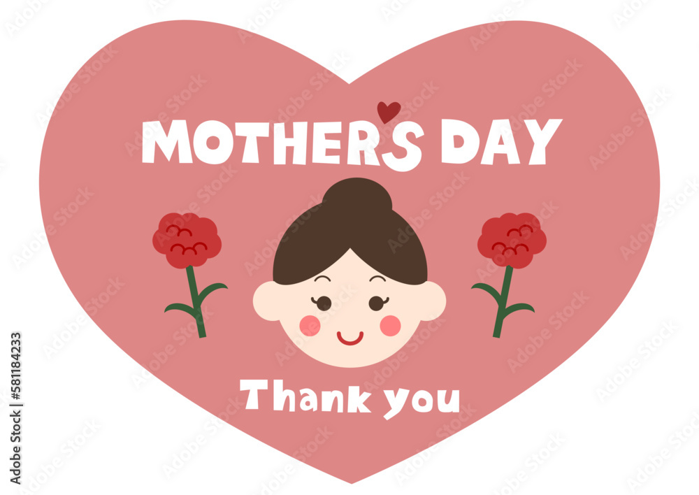 母の日のイラスト: お母さんとカーネションのハート型アイコン