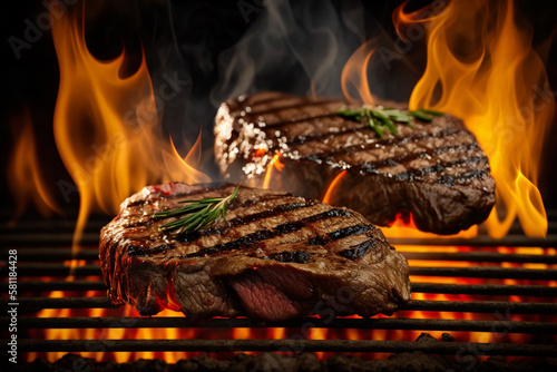 Beef steaks on the grill with flames Generative AI
