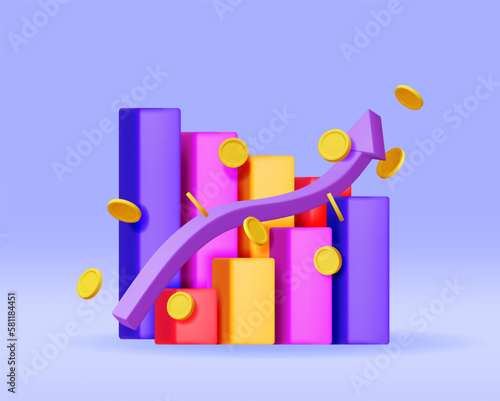 3D Growth Stock Chart Arrow with Golden Coins. Render Stock Arrow with Money Shows Growth or Success. Financial Item, Business Investment Financial Market Trade. Money and Banking. Vector Illustration